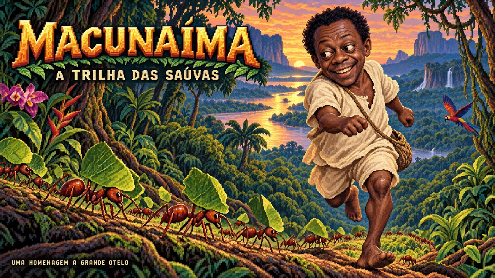 Macunaíma e as saúvas na floresta amazônica, em pixel art
