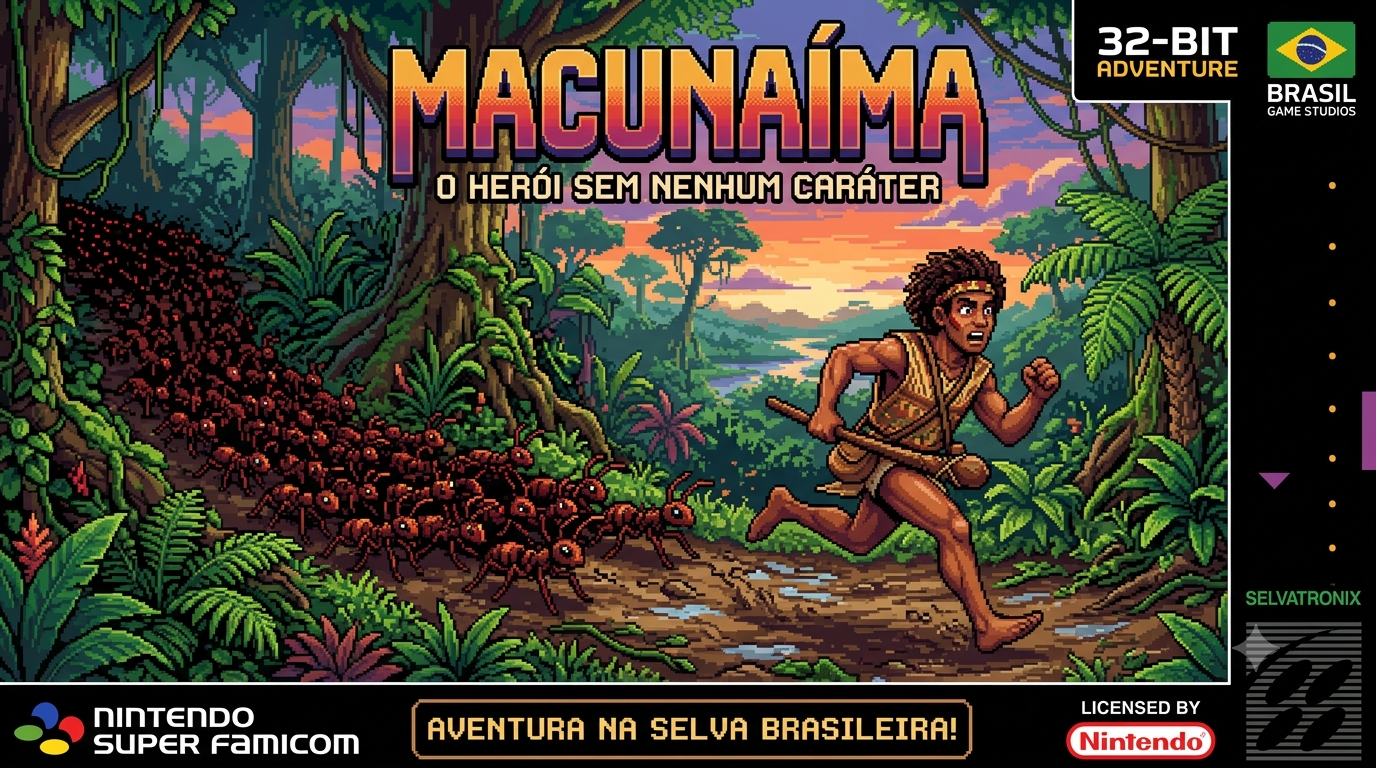 Floresta amazônica em pixel art, com uma trilha de saúvas e Macunaíma